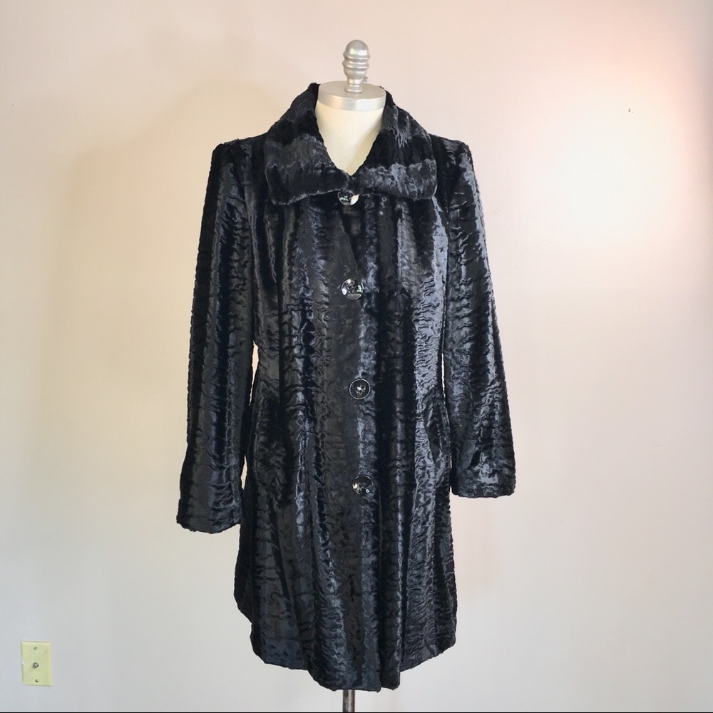 Gallery Faux Seal Fur Black Fitted Coat Large